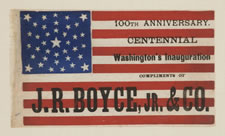 38 STARS IN A MEDALLION CONFIGURATION, WITH OVERPRINTED ADVERTISING FOR A MONTANA DRY GOODS STORE AND TEXT COMMEMORATING THE 100-YEAR ANNIVERSARY OF GEORGE WASHINGTON'S INNAUGURATION IN 1889