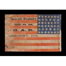 40 STAR ANTIQUE AMERICAN FLAG, AN EXTREMELY RARE COUNT REFLECTING THE ADDITION OF SOUTH & NORTH DAKOTA ON NOVEMBER 2ND, 1889, ACCURATE FOR JUST 6 DAYS; WITH OVERPRINTED ADVERTISING FOR A CIVIL WAR VERTERN’S UNIT IN GEORGETOWN, MASSACHUSETTS; ILLUSTRATED IN “THE STARS & STRIPES: FABRIC OF THE AMERICAN SPIRIT” by RICHARD PIERCE (2005); EXHIBITED AT THE MUSEUM OF THE AMERICAN REVOLUTION FROM JUNE – SEPTEMBER, 2021