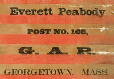 42 STARS, A CIVIL WAR VETERANS' FLAG WITH OVERPRINTED ADVERTISING FROM THE EVERETT PEABODY POST, GEORGETOWN, MA, NEVER AN OFFICIAL STAR COUNT, 1889-1890