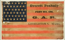 42 STARS, A CIVIL WAR VETERANS' FLAG WITH OVERPRINTED ADVERTISING FROM THE EVERETT PEABODY POST, GEORGETOWN, MA, NEVER AN OFFICIAL STAR COUNT, 1889-1890