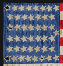 44 STAR FLAG UPDATED TO 45 STARS, A TERRIFIC FOLK EXAMPLE WITH STRONG COLORS, HIGHLY UNUSUAL, MADE OF SATIN AND ENTIRELY HAND-SEWN, TRANSITION FROM WYOMING TO UTAH STATEHOOD, 1890-1896