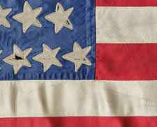 44 STAR FLAG UPDATED TO 45 STARS, A TERRIFIC FOLK EXAMPLE WITH STRONG COLORS, HIGHLY UNUSUAL, MADE OF SATIN AND ENTIRELY HAND-SEWN, TRANSITION FROM WYOMING TO UTAH STATEHOOD, 1890-1896