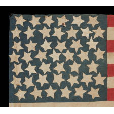 45 HAND-SEWN STARS ON A DENIM BLUE CANTON, WITH GREAT FOLK QUALITIES, ON A HOMEMADE FLAG OF THE 1896-1908 PERIOD, SPANISH-AMERICAN WAR ERA, UTAH STATEHOOD