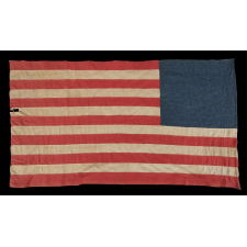 45 HAND-SEWN STARS ON A DENIM BLUE CANTON, WITH GREAT FOLK QUALITIES, ON A HOMEMADE FLAG OF THE 1896-1908 PERIOD, SPANISH-AMERICAN WAR ERA, UTAH STATEHOOD