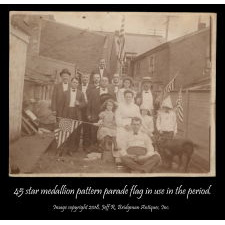 45 STARS ON AN ANTIQUE AMERICAN PARADE FLAG WITH A MEDALLION CONFIGURATION, A RARE FEATURE IN THIS PERIOD, 1896-1908, UTAH STATEHOOD, EX-RICHARD PIERCE COLLECTION