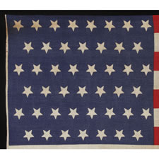 45 UPSIDE-DOWN STARS ON A LARGE SCALE ANTIQUE AMERICAN PARADE FLAG, 1896-1907, UTAH STATEHOOD, SPANISH-AMERICAN WAR ERA