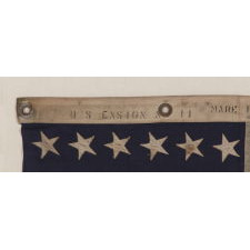 48 STAR, U.S. NAVY SMALL BOAT ENSIGN, MADE AT MARE ISLAND, CALIFORNIA [HEADQUARTERS OF THE PACIFIC FLEET] DURING WWII, SIGNED AND DATED JULY 1942, WITH EXTENSIVE WEAR FROM OBVIOUS USE