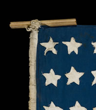 48 STARS, AN ELONGATED HOMEMADE FLAG WITH CRUDE FOLK FEATURES, FOUND IN BRITAIN, LIKELY MADE IN FRANCE OR BELGIUM, FLOWING LIBERATION FROM THE GERMANS DURING WWII (1941-45)