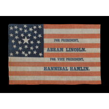 1860 ABRAHAM LINCOLN CAMPAIGN PARADE FLAG WITH 33 STARS IN A PENTAGON MEDALLION AND AN INTRIGUING ABBREVIATION OF HIS NAME, ATTRIBUTED TO H.C. HOWARD OF PHILADELPHIA