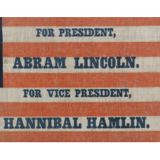 1860 ABRAHAM LINCOLN CAMPAIGN PARADE FLAG WITH 33 STARS IN A PENTAGON MEDALLION AND AN INTRIGUING ABBREVIATION OF HIS NAME, ATTRIBUTED TO H.C. HOWARD OF PHILADELPHIA