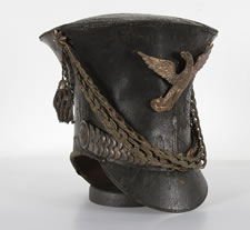 AMERICAN MILITARY BELL CROWN SHAKO OR "TAR BUCKET" CAP, 1821-1830, FOUND IN A HOUSE IN CHAMBERSBURG, PENNSYLVANIA