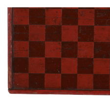 AMERICAN PARCHEESI BOARD WITH TERRIFIC DESIGN AND BEAUTIFUL, POLYCHROME-PAINTED SURFACE IN RED, GREEN, AND BLUE, CA 1870-1880