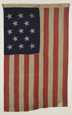 ANTIQUE AMERICAN FLAG WITH 13 STARS, A U.S. NAVY SMALL BOAT ENSIGN WITH AN EXTREMELY RARE BLOCK-PRINTED MARK FROM THE BOSTON NAVY YARD, 1863-1866