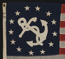 ANTIQUE PRIVATE YACHT FLAG (ENSIGN) WITH 13 STARS AND A FOULED ANCHOR, MARKED "U.S. ARMY STANDARD BUNTING", 1895-1910 ERA