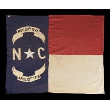 ANTIQUE STATE FLAG OF NORTH CAROLINA, MADE CIRCA 1900-WWI ERA (U.S. INVOLVEMENT 1917-18), MADE TO BE HAND-CARRIED ON A STAFF AND WITH BATTLE-FLAG-LIKE PROPORTIONS; IN SPITE OF ITS 1ST QUARTER 20TH CENTURY DATE, THIS IS THE EARLIEST EXAMPLE THAT I HAVE ENCOUNTERED IN PRIVATE HANDS: