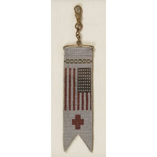 BEADED WATCH FOB WITH AN AMERICAN FLAG AND A RED CROSS, PROBABLY MADE FOR A PHYSICIAN OR MEDIC, 1912-1920's