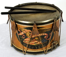 THE BEAUTIFULLY PAINTED, 19TH CENTURY SNARE DRUM OF W.H. ATKINS, POSSIBLY OF CASTINE, MAINE, 2ND MASSACHSETTS INFANTRY