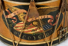 THE BEAUTIFULLY PAINTED, 19TH CENTURY SNARE DRUM OF W.H. ATKINS, POSSIBLY OF CASTINE, MAINE, 2ND MASSACHSETTS INFANTRY