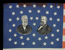 BLAINE AND LOGAN, JUGATE PORTRAIT, CAMPAIGN FLAG, 1884, MADE BY THE CHENEY SILK CO., MANCHESTER, CT