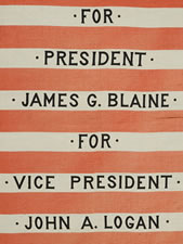 BLAINE AND LOGAN, JUGATE PORTRAIT, CAMPAIGN FLAG, 1884, MADE BY THE CHENEY SILK CO., MANCHESTER, CT