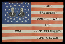 BLAINE AND LOGAN, JUGATE PORTRAIT, CAMPAIGN FLAG, 1884, MADE BY THE CHENEY SILK CO., MANCHESTER, CT