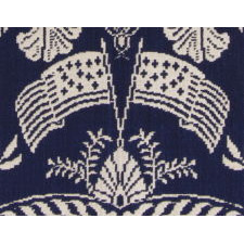 BLUE & WHITE "LIBERTY" COVERLET, MADE IN 1849 FOR AURISSA A. GILLETT BY WEAVER JAMES VANNESS, IN PALMYRA, NEW YORK, A VERY SCARCE VARIETY WITH EXCEPTIONAL IMAGERY