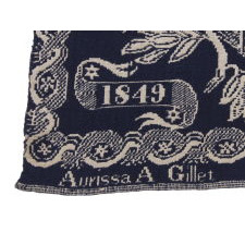 BLUE & WHITE "LIBERTY" COVERLET, MADE IN 1849 FOR AURISSA A. GILLETT BY WEAVER JAMES VANNESS, IN PALMYRA, NEW YORK, A VERY SCARCE VARIETY WITH EXCEPTIONAL IMAGERY