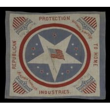 CAMPAIGN KERCHIEF MADE TO SUPPORT THE 1892 PRESIDENTIAL RUN OF BENJAMIN HARRISON AND WHITELAW REID, WITH PATRIOTIC IMAGERY AND PROTECTION TO HOME INDUSTRIES SLOGAN