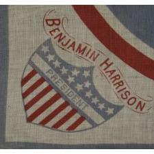 CAMPAIGN KERCHIEF MADE TO SUPPORT THE 1892 PRESIDENTIAL RUN OF BENJAMIN HARRISON AND WHITELAW REID, WITH PATRIOTIC IMAGERY AND PROTECTION TO HOME INDUSTRIES SLOGAN