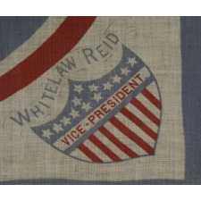 CAMPAIGN KERCHIEF MADE TO SUPPORT THE 1892 PRESIDENTIAL RUN OF BENJAMIN HARRISON AND WHITELAW REID, WITH PATRIOTIC IMAGERY AND PROTECTION TO HOME INDUSTRIES SLOGAN