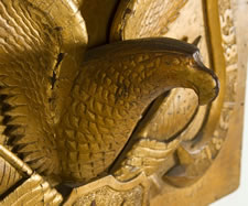 CARVED EAGLE PLAQUE WITH THE BEST COLOR AND GILDED SURFACE, WITH SCROLLWORK-BOUND DATES OF THE REVOLUTIONARY AND CIVIL WARS UNDER THE WORD "LIBERTY"