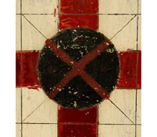 CHRIMSON RED & BLACK PARCHEESI GAME BOARD WITH AN OYSTER WHITE BACKGROUND, CA 1885