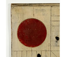 CHRIMSON RED & BLACK PARCHEESI GAME BOARD WITH AN OYSTER WHITE BACKGROUND, CA 1885