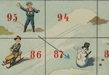 CHROMOLITHOGRAPH PRINT FOR THE BOARD GAME "SUR LA GLANCE", WITH CHILDREN SLEDDING, 1895