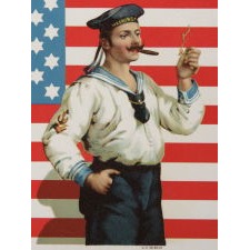 CIGAR BOX LABEL WITH IMAGE OF A 42-STAR AMERICAN FLAG WITH SIX-POINTED STARS AND IT'S BLUE CANTON RESTING ON THE WAR STRIPE, AND AN IMAGE OF A SAILOR LIGHTING A CIGAR, 1889-1920