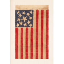 13 STAR ANTIQUE AMERICAN PARADE FLAG, MADE BETWEEN THE CIVIL WAR (1861-65) AND THE 1876 CENTENNIAL OF AMERICAN INDEPENDENCE, FEATURING THREE SIZES OF WHIMSICALLY SHAPED STARS IN A MEDALLION CONFIGURATION