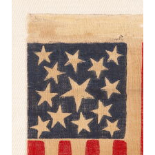 13 STAR ANTIQUE AMERICAN PARADE FLAG, MADE BETWEEN THE CIVIL WAR (1861-65) AND THE 1876 CENTENNIAL OF AMERICAN INDEPENDENCE, FEATURING THREE SIZES OF WHIMSICALLY SHAPED STARS IN A MEDALLION CONFIGURATION