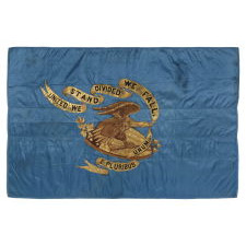 CIVIL WAR REGIMENTAL FLAG WITH A DRAMATIC WARTIME EAGLE AND PATRIOTIC TEXT THAT READS: "UNITED WE STAND, DIVIDED WE FALL," HAND-GILDED AND PAINTED ON CORNFLOWER BLUE SILK, 1861-65