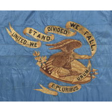 CIVIL WAR REGIMENTAL FLAG WITH A DRAMATIC WARTIME EAGLE AND PATRIOTIC TEXT THAT READS: "UNITED WE STAND, DIVIDED WE FALL," HAND-GILDED AND PAINTED ON CORNFLOWER BLUE SILK, 1861-65