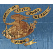 CIVIL WAR REGIMENTAL FLAG WITH A DRAMATIC WARTIME EAGLE AND PATRIOTIC TEXT THAT READS: "UNITED WE STAND, DIVIDED WE FALL," HAND-GILDED AND PAINTED ON CORNFLOWER BLUE SILK, 1861-65