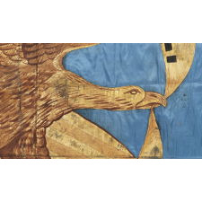 CIVIL WAR REGIMENTAL FLAG WITH A DRAMATIC WARTIME EAGLE AND PATRIOTIC TEXT THAT READS: "UNITED WE STAND, DIVIDED WE FALL," HAND-GILDED AND PAINTED ON CORNFLOWER BLUE SILK, 1861-65