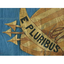 CIVIL WAR REGIMENTAL FLAG WITH A DRAMATIC WARTIME EAGLE AND PATRIOTIC TEXT THAT READS: "UNITED WE STAND, DIVIDED WE FALL," HAND-GILDED AND PAINTED ON CORNFLOWER BLUE SILK, 1861-65