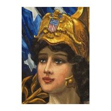 “COLUMBIA VICTORIOUS” BANNER FEATURING LADY LIBERTY, HAND-PAINTED ON SATIN IN THE MANNER OF THE EARLY 20TH CENTURY ILLUSTRATORS, DATED 1917 (WWI), PROBABLY ANDREA BUCCINI, NEW YORK