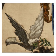 “COLUMBIA VICTORIOUS” BANNER FEATURING LADY LIBERTY, HAND-PAINTED ON SATIN IN THE MANNER OF THE EARLY 20TH CENTURY ILLUSTRATORS, DATED 1917 (WWI), PROBABLY ANDREA BUCCINI, NEW YORK