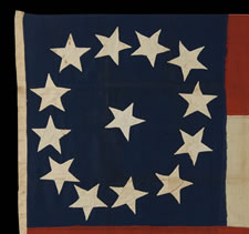 CONFEDERATE 1ST NATIONAL (STARS & BARS) PATTERN FLAG, POSSIBLY A NAVAL ENSIGN, WITH 13 LARGE STARS IN A WHIMSICAL WREATH, ENTIRELY HAND-SEWN, 1861-63