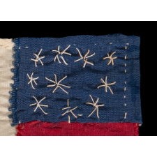 CONFEDERATE BIBLE FLAG IN AN INTERESTING VARIANT OF THE 1ST NATIONAL DESIGN THAT CURIOSLY RESEMBLES THE 3RD NATIONAL PATTERN; Ca MAY AND JULY OF 1861, 10 WHIMSICALLY EMBROIDERED STARS, FOUND w/ A BOOK OF SIGNATURES PRESENTED TO A BALTIMORE WOMAN WHO TENDED TO CONFEDERATE OFFICERS IN THE UNION PRISON