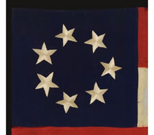 CONFEDERATE OFFICER'S FLAG OR GUIDON IN THE 1ST NATIONAL (STARS & BARS)  PATTERN, HAND-SEWN SILK WITH 7 HAND-EMBROIDERED STARS IN A WREATH PATTERN, SAID TO HAVE BEEN MADE BY "LADIES IN RALEIGH" FOR THE 1ST NORTH CAROLINA INFANTRY