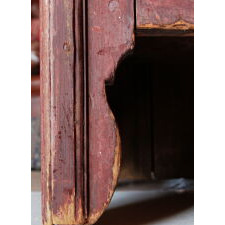 MID-18th CENTURY STEPBACK CUPBOARD w/ LOLLIPOP RETURNS, DENTAL MOLDING, AND EXCEPTIONAL, SALMON RED-PAINTED SURFACE, MOHAWK VALLEY, NEW YORK