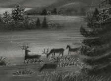 DEER ON AN EVERGREEN LANDSCAPE, CHARCOAL ON SANDPAPER, 1840-50