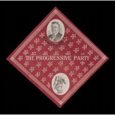 DIAGONAL FORMAT KERCHIEF WITH THE IMAGES OF A BULL MOOSE AND A PORTRAIT OF THEODORE ROOSEVELT, MADE HIS 1912 PRESIDENTIAL CAMPAIGN, WHEN HE RAN ON THE INDEPENDENT, PROGRESSIVE PARTY TICKET, AN EXTREMELY SCARCE AND GRAPHICALLY PLEASING EXAMPLE